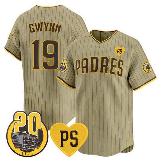 San Diego Padres #19 Tony Gwynn Tan 'For Peter' And Petco Park 20th Patch Limited Stitched Baseball Jersey