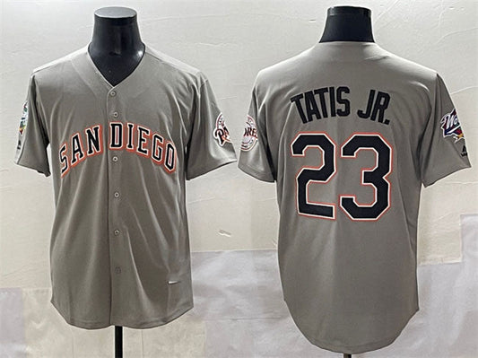 San Diego Padres #23 Fernando Tatis Jr. Gray Fashion Throwback With Patch Cool Base Stitched Baseball Jersey