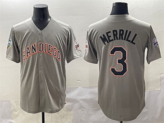 San Diego Padres #3 Jackson Merrill Gray Fashion Throwback With Patch Cool Base Stitched Baseball Jersey