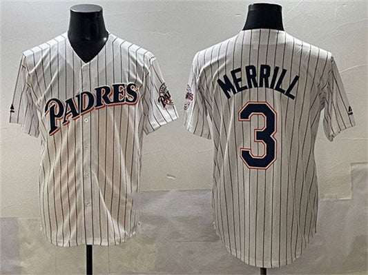San Diego Padres #3 Jackson Merrill White Throwback With Patch Cool Base Stitched Baseball Jersey